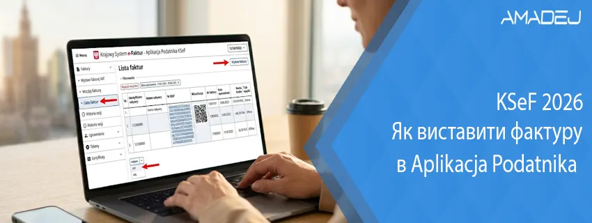 Жінка-бухгалтер в офісі за ноутбуком виставляє рахунок у системі KSeF. Текст банера: КSeF 2026: Як виставити фактуру в Aplikacja Podatnika. Вигляд на Варшаву за вікном